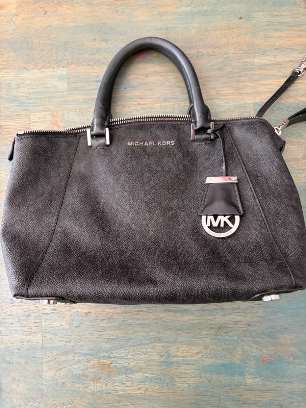 Michael Kors Black Satchel Textured Logo Exterior MK Charm Zip Top Handbag - Picture 5 of 5